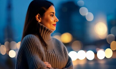 Canvas Print - Full-length portrait video of a tender woman in her 30s wearing a cozy sweater against a nighttime city background