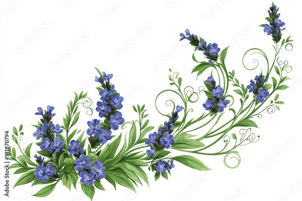 Watercolor Floral Border with Blue Flowers and Green Vines Stock ...