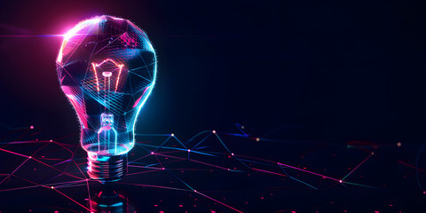 Wall Mural - Abstract geometric light bulb in blue and purple neon colors on a dark background. Concept of a good or new idea