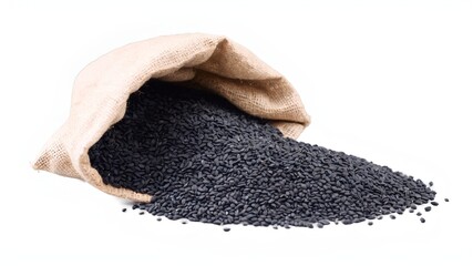 Wall Mural - Black sesame seeds in sack bag isolated on white background.