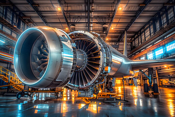 Wall Mural - Highly detailed shot of a massive jet engine's intricate components, turbofan blades, and hydraulic systems, illuminated by soft natural light in a hangar.