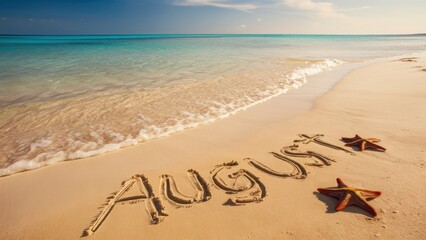 Sticker - A beach with the word august written in sand and starfish, AI