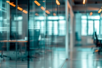 Modern office with glass wall, blurred background. Writing space.