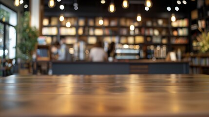 Wall Mural - busy coffee shop and bookstore, smooth surface of an empty table in the foreground for product prese
