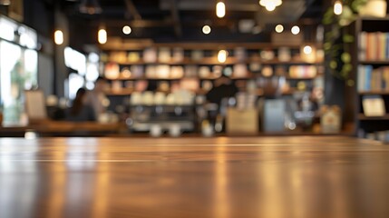 Wall Mural - busy coffee shop and bookstore, smooth surface of an empty table in the foreground for product prese