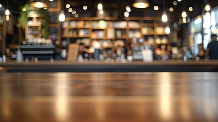 Wall Mural - busy coffee shop and bookstore, smooth surface of an empty table in the foreground for product prese