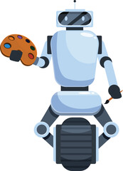 Poster - Modern robot holding paintbrush and palette creating art on white background