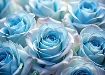 Wall Mural - Softly focused delicate light blue roses in full bloom with gentle petals and subtle texture create a serene and romantic floral background.