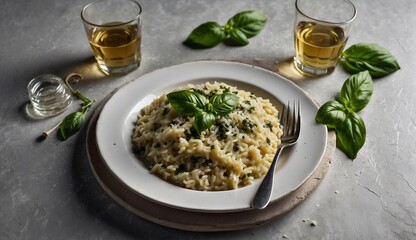 Creamy risotto garnished with fresh basil leaves, two drinks.