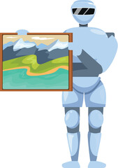 Poster - Robot presenting framed painting of a beautiful landscape with mountains and sea