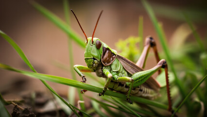 Poster - A grasshopper with a long antennae sitting on top of some green leaves, AI