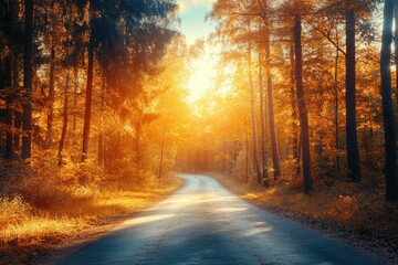 Wall Mural - a road with trees on either side and a sun shining through the trees