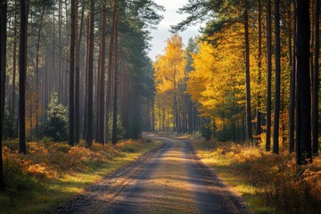 Wall Mural - a road in a forest with trees on both sides. the road is lined with trees and the leaves are yellow