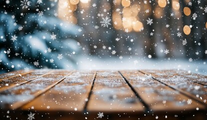 Wall Mural - window background with snowflakes and a wooden table in a winter festive christmas season atmosphere
