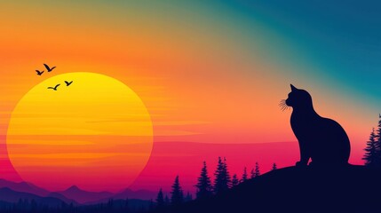 Wall Mural - Cat silhouette clipart with a backdrop of a mesmerizing sunset in vibrant colors, ideal for creative projects, cat silhouette, mesmerizing sunset 