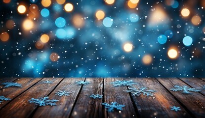 Wall Mural - window background with snowflakes and a wooden table in a winter festive christmas season atmosphere