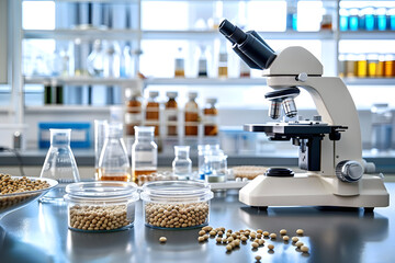 Wall Mural - Microscope and petri dishes with soybean samples on a laboratory counter amidst various scientific equipment and tools in a modern research facility.