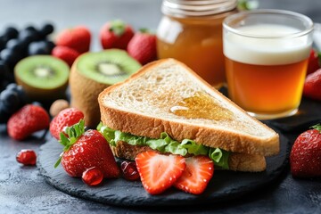 Wall Mural - A sandwich with honey and lettuce is on a plate with strawberries and a glass of beer. The plate is set on a black surface with a variety of fruits and a jar of honey. Scene is casual and relaxed