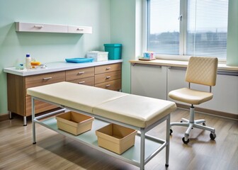 A sterile pediatric clinic setting features a small vacant examination table, a box of bandages, and a tray with a syringe, await a youngster's appointment.