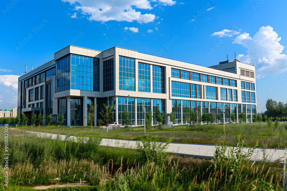 Modern corporate office building with sleek glass facade and lush green ...