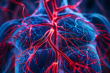 Wall Mural - Macro shot of intricate network of human circulatory system vessels including arteries veins and capillaries with red and blue tint highlighting oxygen flow.