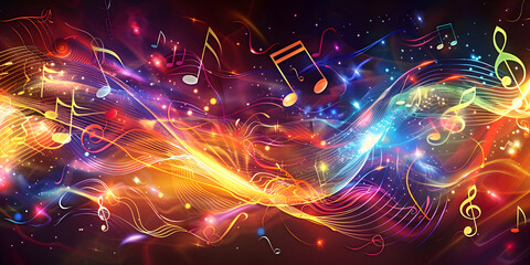 Sticker - Vibrant abstract music background featuring undulating waves, swirling patterns, and stylized musical notes in shimmering colors, evoking a sense of rhythm and creative energy.