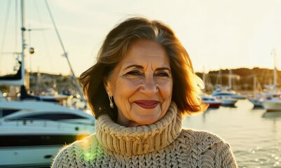 Poster - Close-up portrait video of a pleased woman in her 50s wearing a cozy sweater against a yacht or marina background