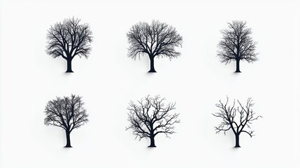 Wall Mural - Abstract set of minimalist tree designs, each one unique in form and texture, with empty space around them for added elegance