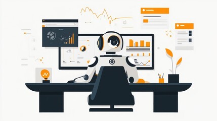 Poster - of an automated investment platform with robo advisor and data analysis dashboard in a flat minimalist design style