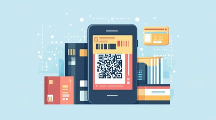 Poster - of a mobile wallet with QR code scanning feature for seamless and secure digital payment transactions  Flat design concept representing the modern cashless society and financial technology