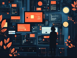 Leinwandbilder - Flat design depicting the concept of cybersecurity and data protection in the financial technology fintech industry  The image showcases various digital elements UIUX patterns
