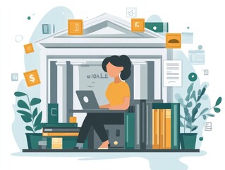 Fototapete - Virtual Bank Account Management with Flat Design Workspace with laptop online banking app eco friendly elements and financial analytics