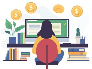 Poster - Fintech Education and Online Learning Resources   Flat Design of a Workspace with Computer Laptop and Financial Data Analytics for Business and Career Development