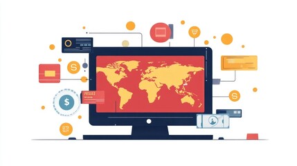 Poster - Digital Global Remittance and International Money Transfer Flat Design Depicting the Concept of Online Financial Transactions and Currency Exchange Services