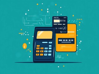Poster - Flat design depicting secure and efficient digital payment processing system with various payment methods and financial technology elements