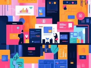 Fototapete - Colorful flat design showcasing secure and efficient digital payment processing transaction management and financial analytics solutions for modern businesses and fintech applications