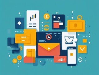 Poster - Flat design depicting various digital payment processing and transaction security icons symbols and concepts  The image showcases a modern minimalist