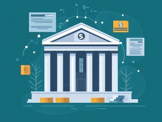Poster - Regtech Solutions for Regulatory Compliance in the Financial Industry Showcased with a Flat Design Highlighting the Digital and Technological Aspects of Financial Compliance and Governance