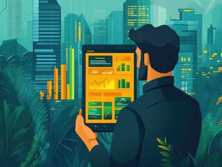 Poster - of a modern user friendly mobile investing app with a sleek flat design interface displaying financial market data and investment portfolio management tools