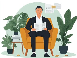Poster - A well dressed business professional sitting in a comfortable chair  surrounded by plants and documents  providing personalized financial advice and wealth management services in a modern  flat design