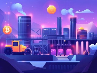Poster - Futuristic city landscape with skyscrapers blockchain technology cryptocurrency mining rigs and renewable energy infrastructure like solar panels and wind turbines