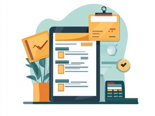 Poster - of a digital loan application process with instant approval in a clean flat design style  The image features various user interface elements such as forms documents statistics