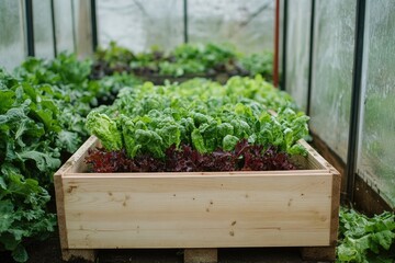 Sticker - A wooden box with a variety of greens inside. The box is filled with lettuce, spinach, and other greens