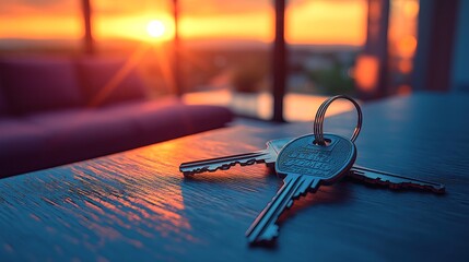 Modern Home Sunset Scene with Keys on Table for Real Estate, Interior Design, and Lifestyle Inspiration