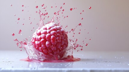 Wall Mural - A single raspberry splashing into water, creating a crown of droplets.