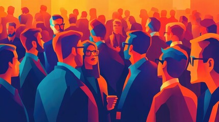 Poster - A vibrant and colorful flat design depicting a diverse group of business professionals attending a fintech industry networking conference