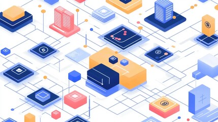 Fototapete - Blockchain powered Decentralized Finance Concept with Flat Infographic Depicting Digital Currency Investment and Banking on a Futuristic Tech Network
