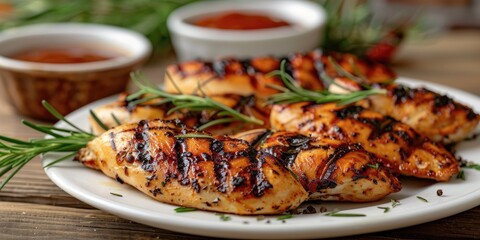 Sticker - Grilled chicken fillets presented on a white plate