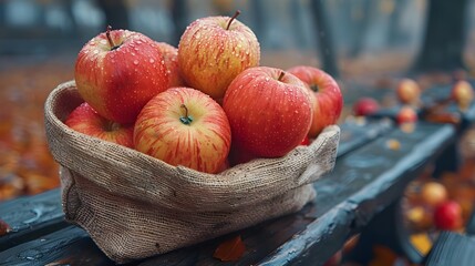 Poster - A basket of apples sits on a bench in the fall