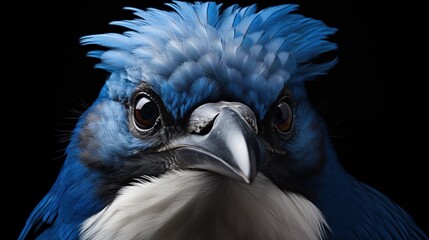a close-up portrait of a blue bird with striking features, showcasing its vibrant blue feathers and 